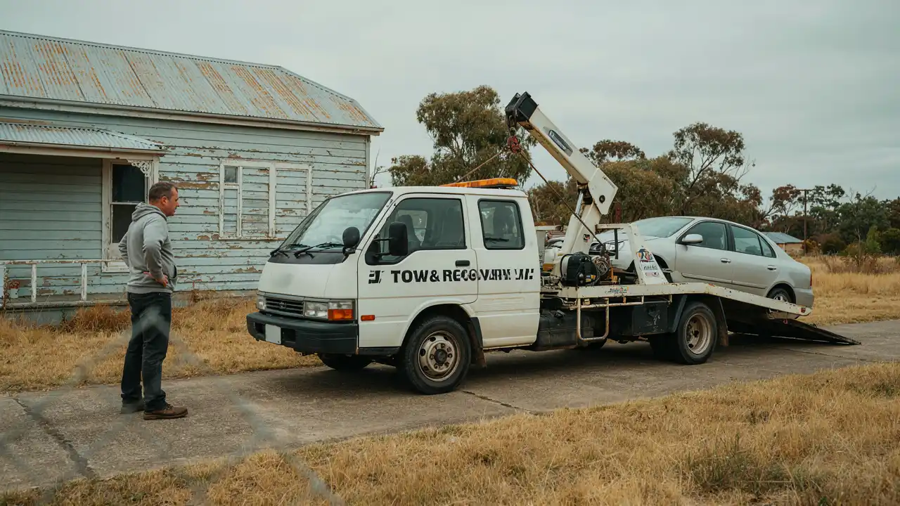 Tow truck collecting a car from a driveway for breakdown towing across Melbourne