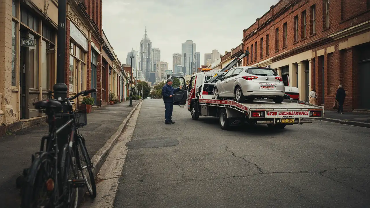 Tow truck loading a car on a Melbourne street with the city skyline in the background